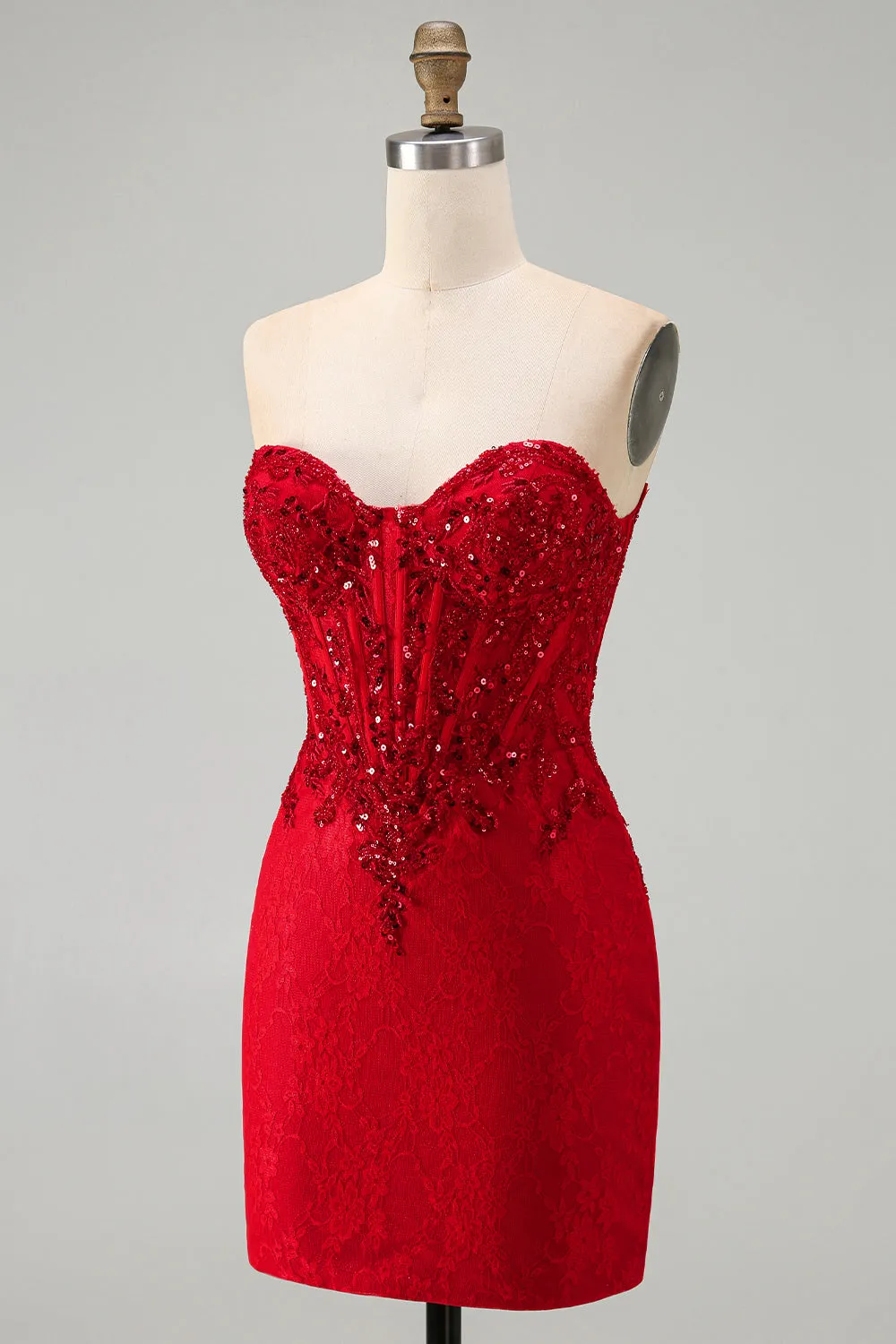 Red Strapless Beaded Bodycon Corset Homecoming Dress with Sequins sold by Wedtrend product image thumbnail 3