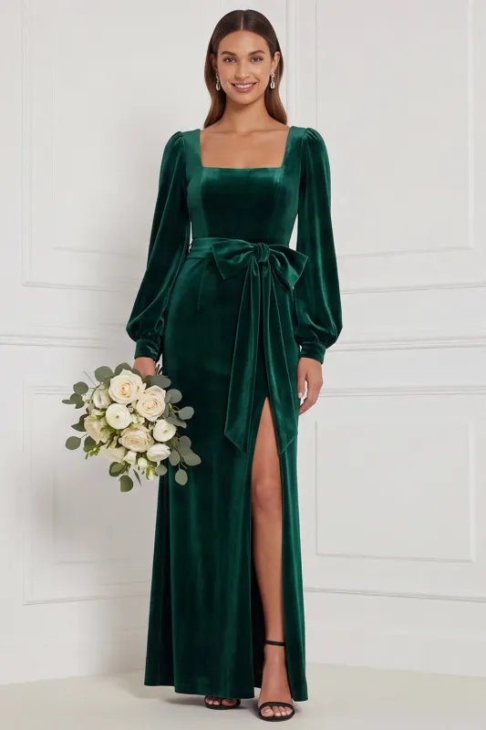Dark Green Velvet Square Neck Long Sleeve Bridesmaid Dress with Bow made by Wedtrend
