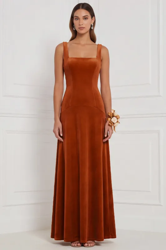 Burnt Orange Square Neck A Line Velvet Bridesmaid Dress made by Wedtrend