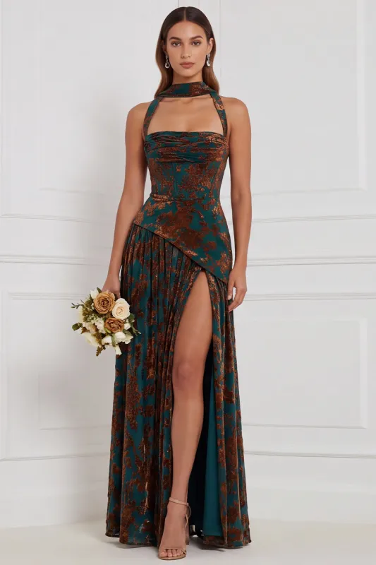 Halter Burnout Velvet Brown Ruched Corset Long Bridesmaid Dress with Slit made by Wedtrend