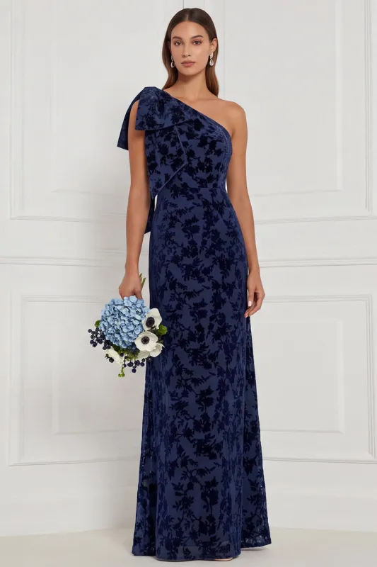 One Shoulder Dark Navy Burnout Velvet Sheath Long Bridesmaid Dress made by Wedtrend