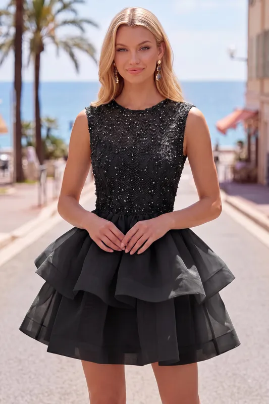Pearl A Line Tiered Illusion Neck Black Homecoming Dress made by Wedtrend