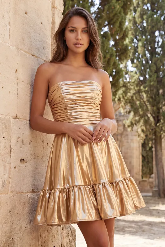 Strapless Gold Metallic Ruched A Line Homecoming Dress with Ruffles made by Wedtrend