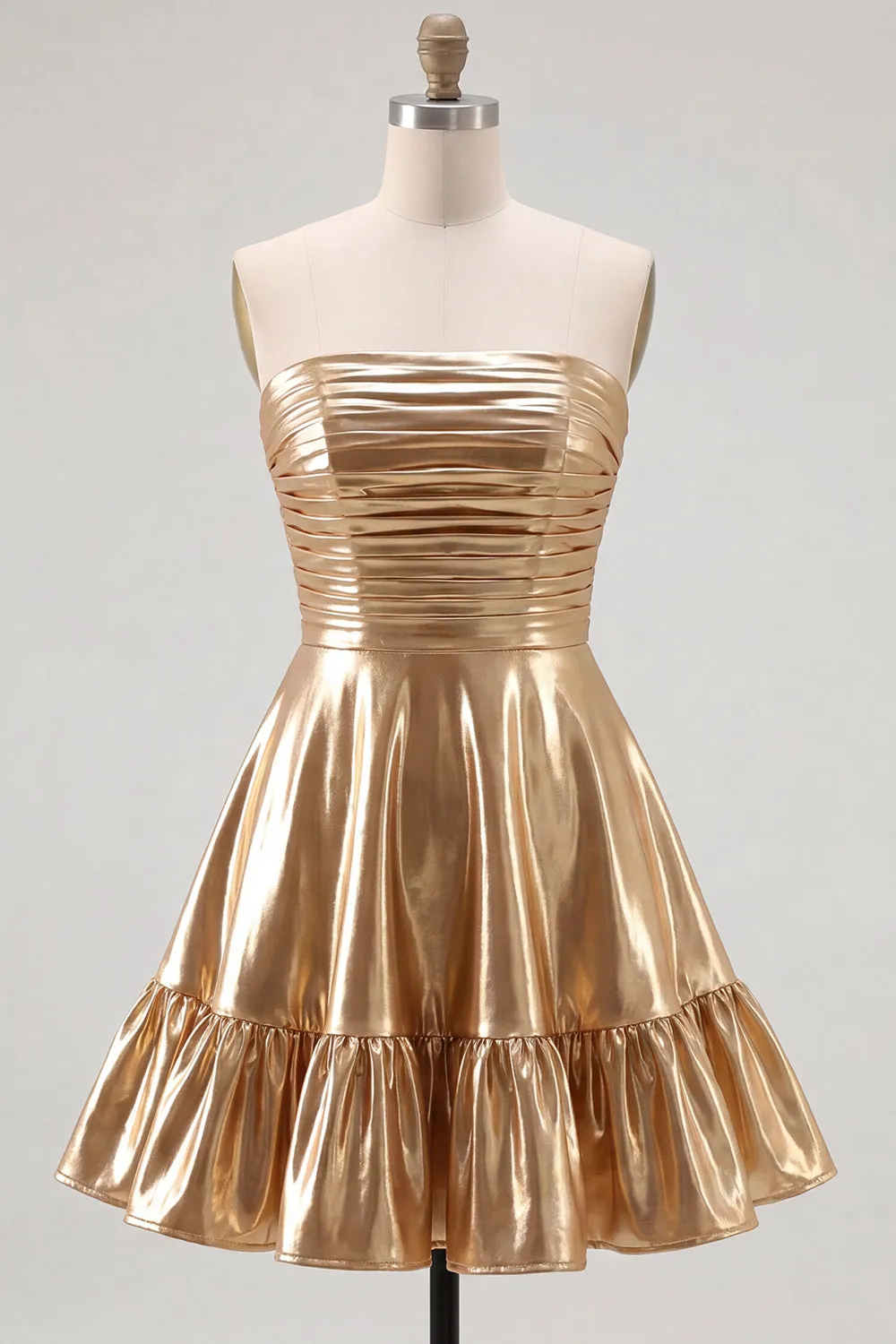 Strapless Gold Metallic Ruched A Line Homecoming Dress with Ruffles sold by Wedtrend product image thumbnail 5