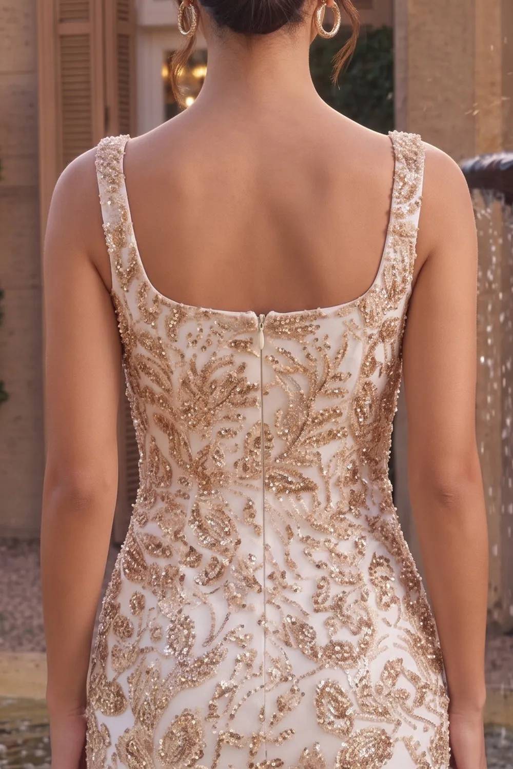 Champagne Bodycon Square Neck Beaded Sequin Homecoming Dress sold by Wedtrend product image thumbnail 5