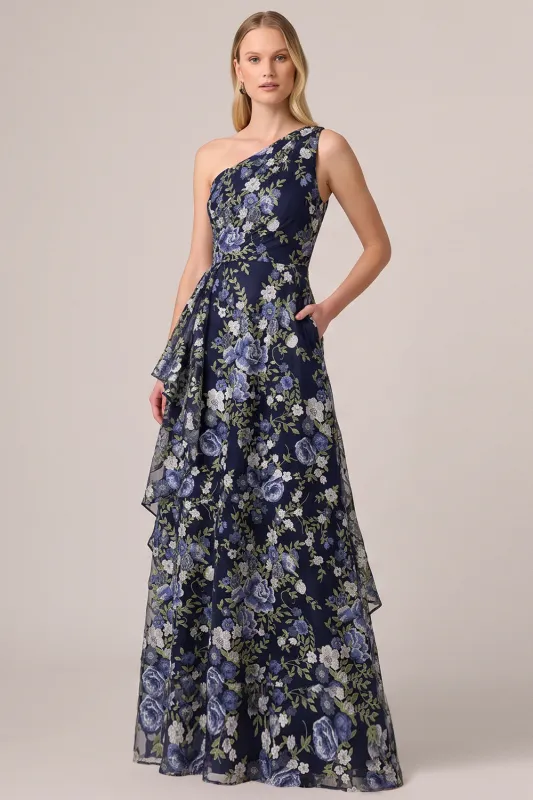 One Shoulder Navy Floral Embroidered A Line Wedding Guest Dress with Sash made by Wedtrend