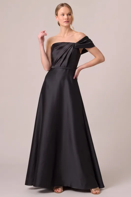 Black One Shoulder Satin Ruched A Line Formal Dress made by Wedtrend