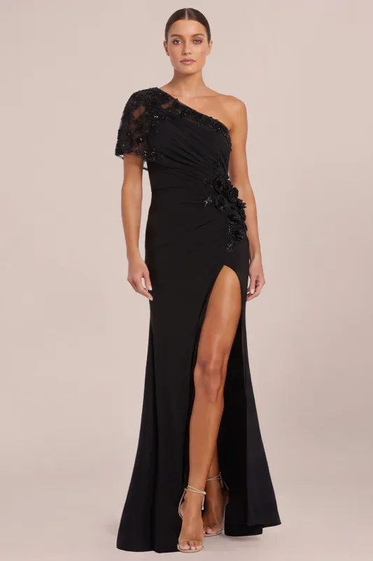 One Shoulder Sequin Mermaid Black Long Formal Dress with Slit made by Wedtrend