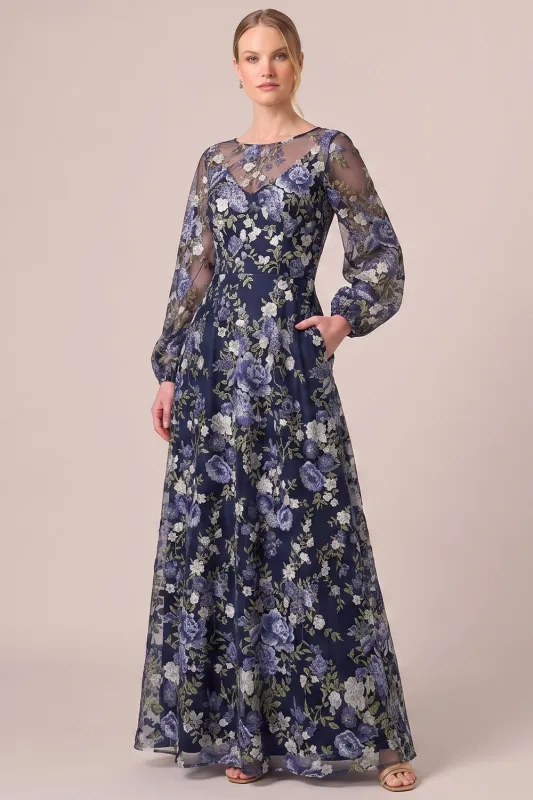Navy Embroidered Illusion Neck Wedding Guest Dress with Long Sleeves made by Wedtrend