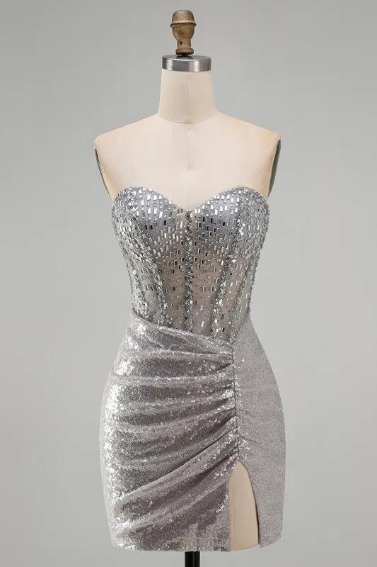 Sparkly Silver Corset Ruched Strapless Homecoming Dress with Slit made by Wedtrend
