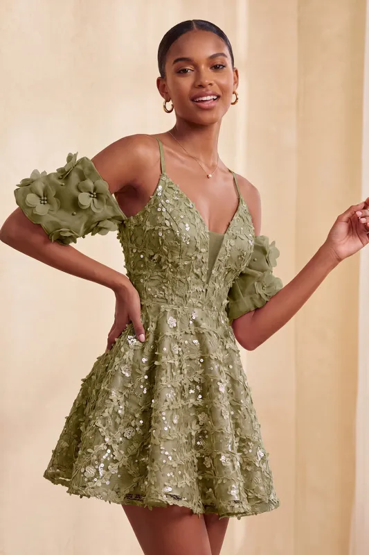 Olive Sequin Cold Shoulder A Line Short Homecoming Dress with Lace-up Back made by Wedtrend