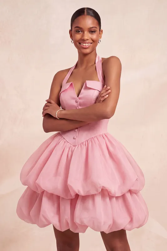 Pink Halter Tiered Ruffled Bubble A Line Short Homecoming Dress made by Wedtrend