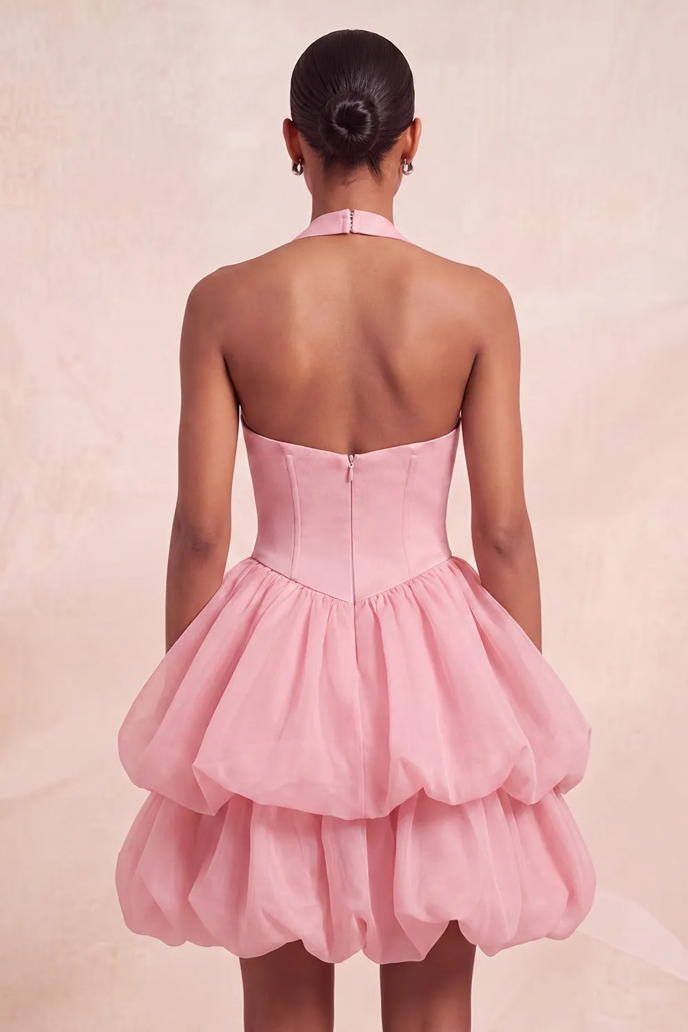 Pink Halter Tiered Ruffled Bubble A Line Short Homecoming Dress sold by Wedtrend product image thumbnail 2