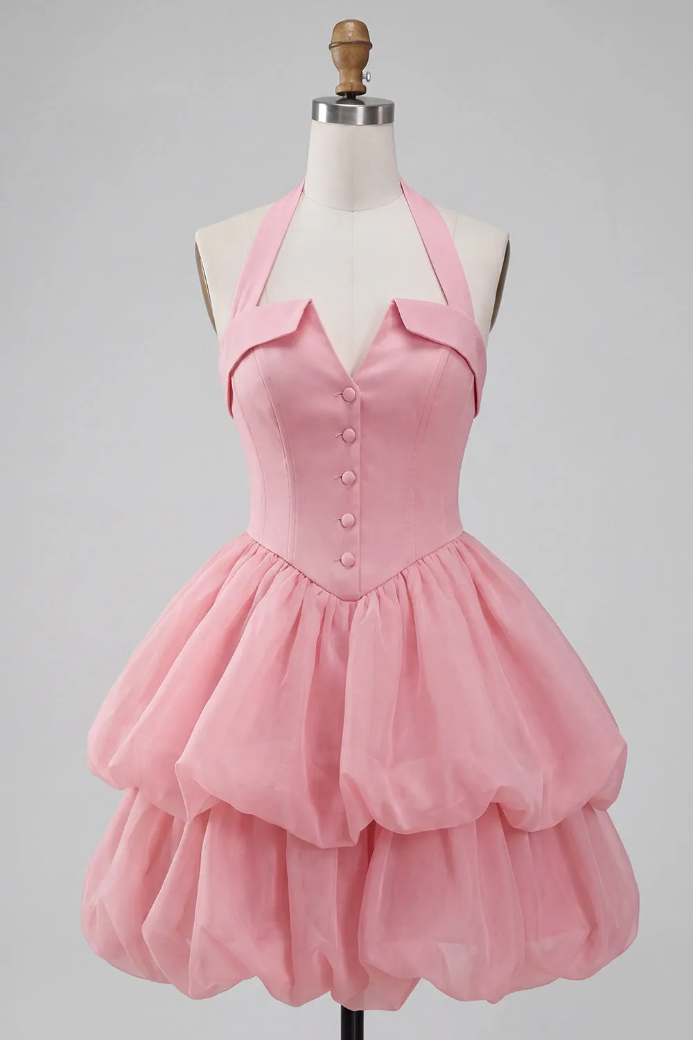 Pink Halter Tiered Ruffled Bubble A Line Short Homecoming Dress sold by Wedtrend product image thumbnail 5