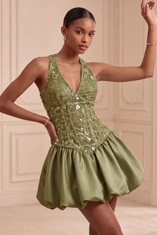 Halter Olive A Line Short Homecoming Dress with Sequins made by Wedtrend