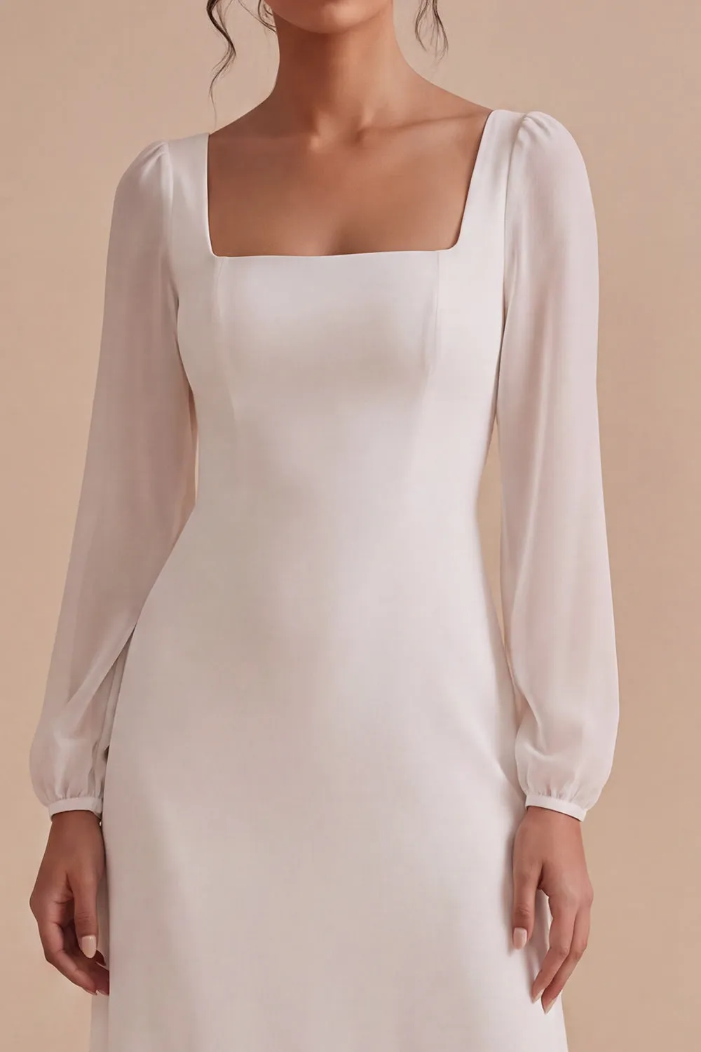 Modest White Square Neck Civil Ceremony Dress with Long Sleeves sold by Wedtrend product image thumbnail 3