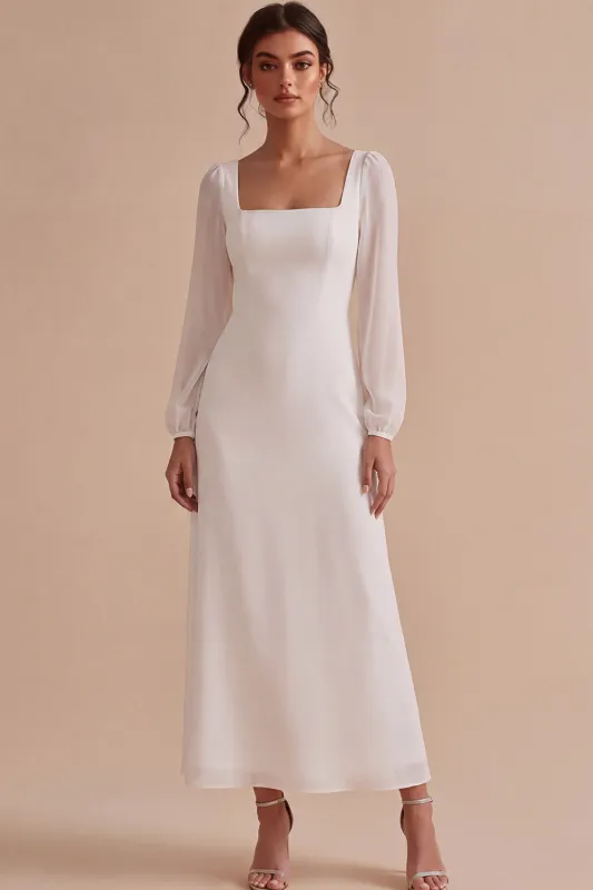 Modest White Square Neck Civil Ceremony Dress with Long Sleeves made by Wedtrend