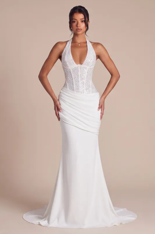 Halter White Corset Ruched Mermaid Wedding Dress with Beading made by Wedtrend