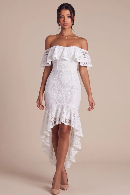 Off the Shoulder White Lace Ruffled Mermaid High-Low Engagement Dress made by Wedtrend
