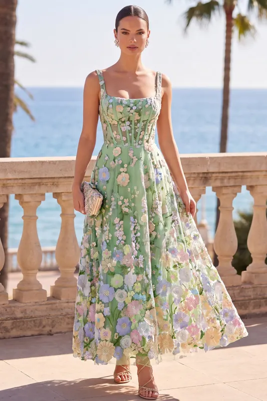 Green 3D Floral Square Neck Corset A Line Midi Wedding Guest Dress made by Wedtrend