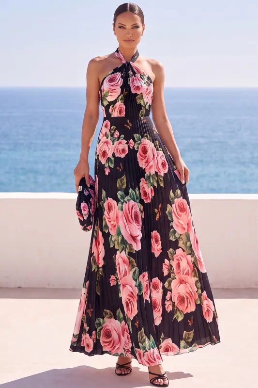 Halter Black Floral Printed Pleated A Line Maxi Wedding Guest Dress made by Wedtrend