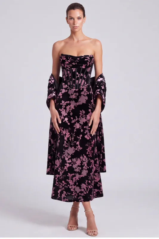 Black Pink Floral Corset Strapless Midi Wedding Guest Dress with Shawl made by Wedtrend
