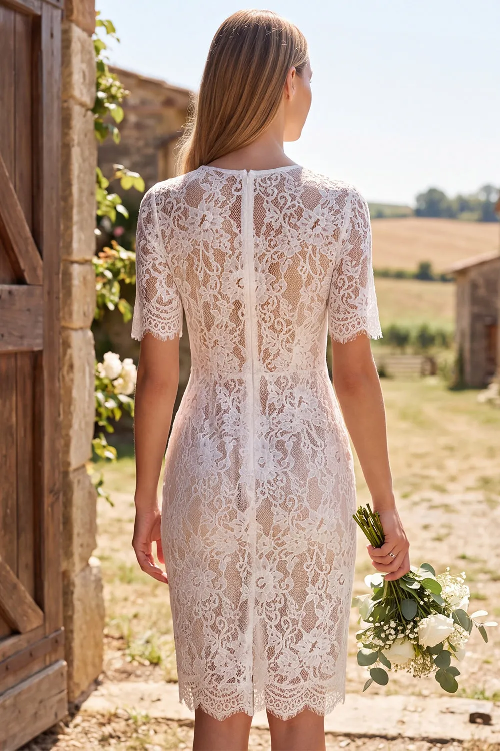 Ivory Sheath Lace Bridal Shower Dress with Short Sleeves sold by Wedtrend product image thumbnail 2