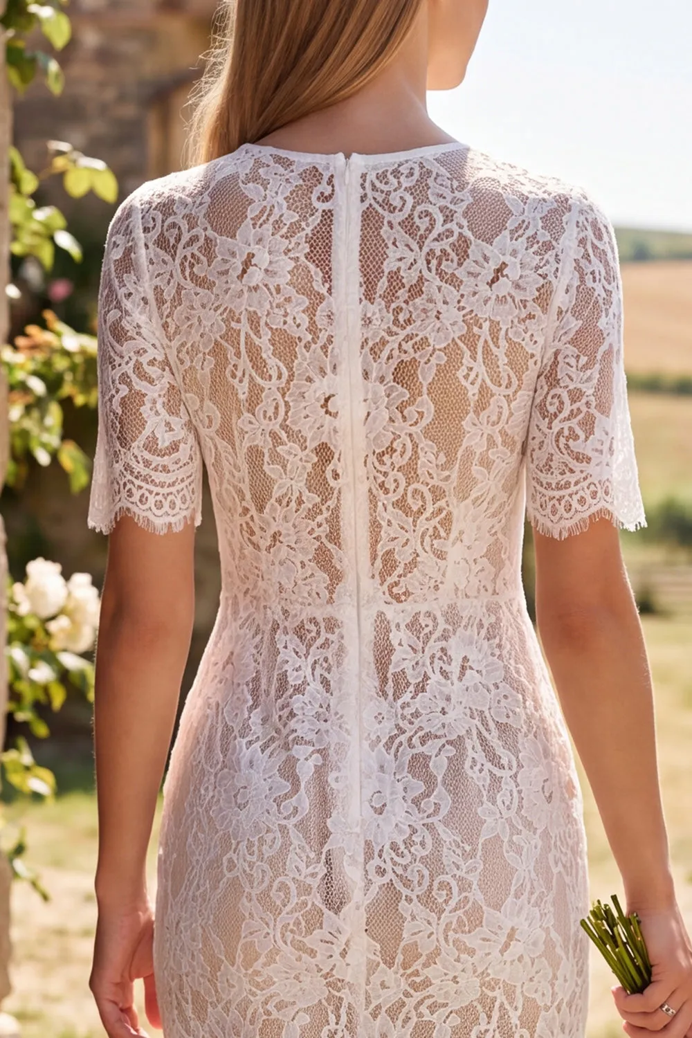 Ivory Sheath Lace Bridal Shower Dress with Short Sleeves sold by Wedtrend product image thumbnail 4