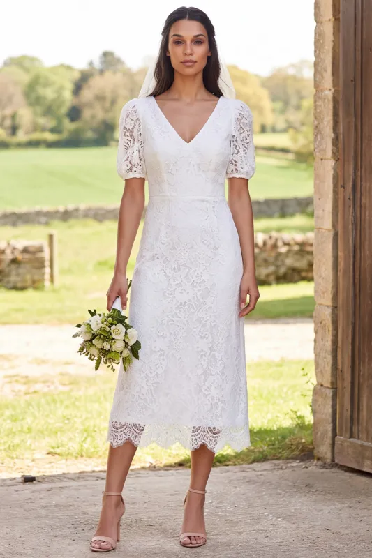 Lace Ivory Sheath V-Neck Midi Bridal Shower Dress with Back Slit made by Wedtrend
