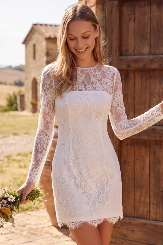 Long Sleeve Ivory Bodycon Illusion Neck Lace Short Bridal Shower Dress made by Wedtrend