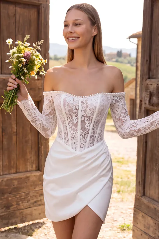 Off the Shoulder Ivory Corset Bodycon Ruched Lace Bridal Shower Dress with Pearls made by Wedtrend