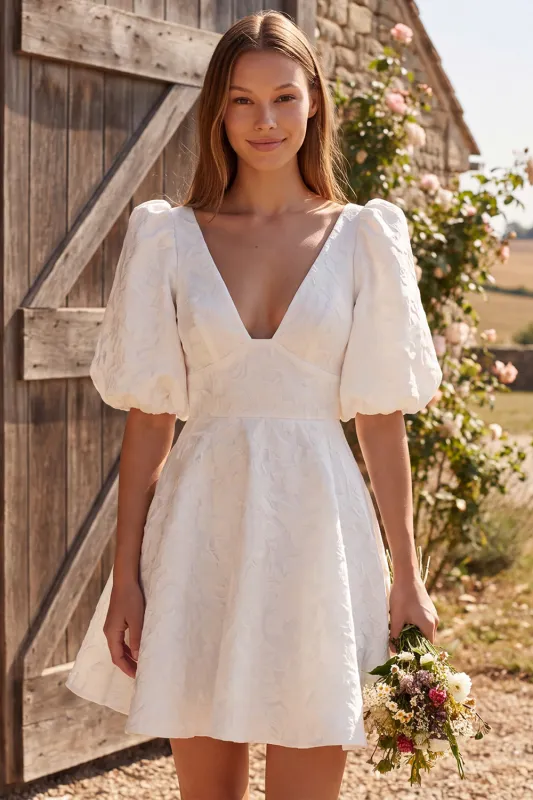 Ivory A Line V Neck Jacquard Short Bridal Shower Dress with Puff Sleeves made by Wedtrend