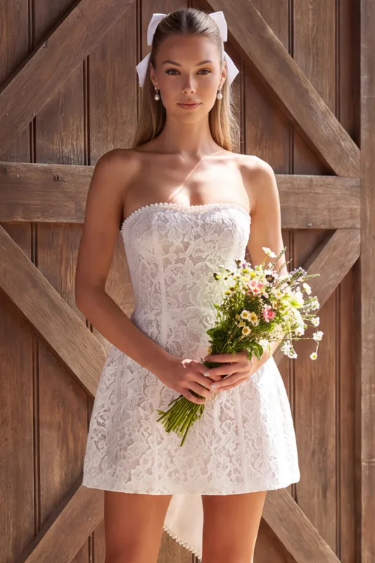 Lace Ivory Pearl Strapless Short Bridal Shower Dress with Bow made by Wedtrend