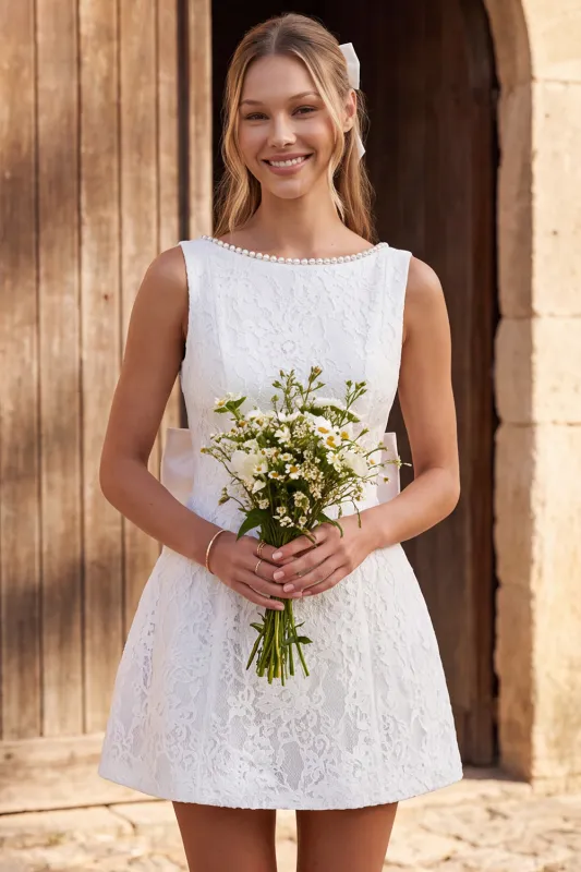 Ivory Lace A Line Pearl Boat Neck Short Bridal Shower Dress with Bow made by Wedtrend