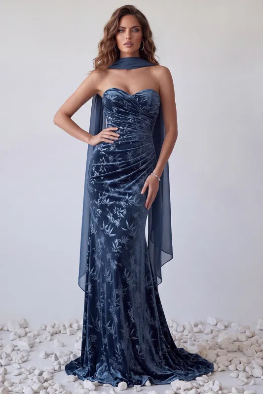 Navy Velvet Strapless Mermaid Long Formal Dress with Scarf made by Wedtrend