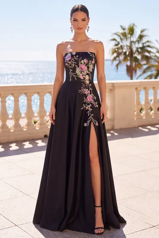 Strapless Black Floral Sequin A Line Long Formal Dress with Slit made by Wedtrend