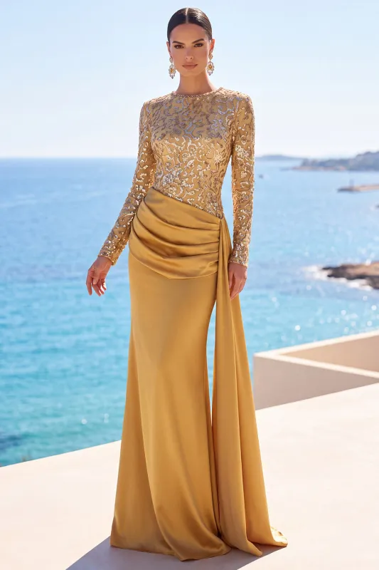 Golden Mermaid Satin Sequin Ruched Long Sleeve Formal Dress with Sash made by Wedtrend