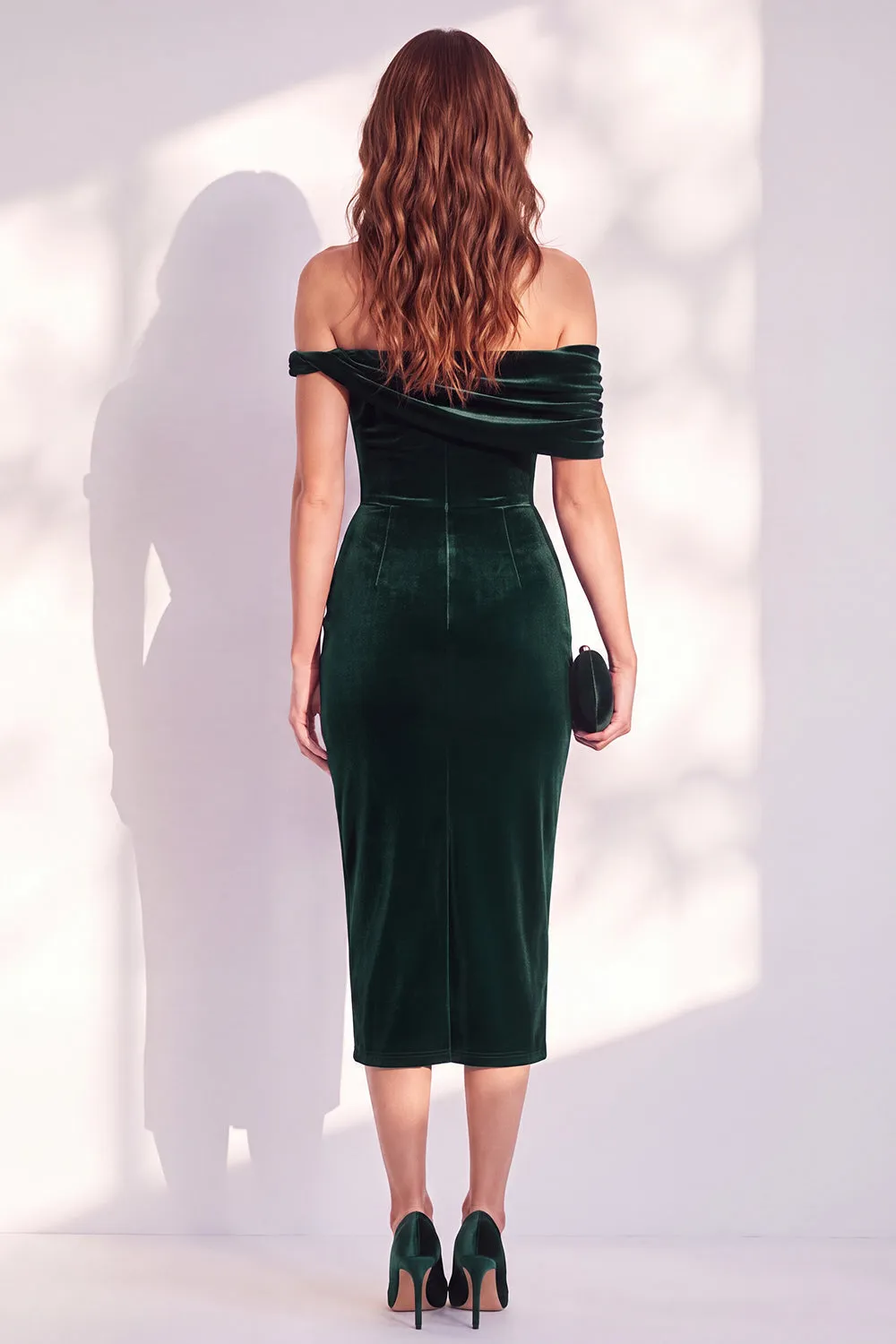 Dark Green Off the Shoulder Bodycon Velvet Dress sold by Wedtrend product image thumbnail 2