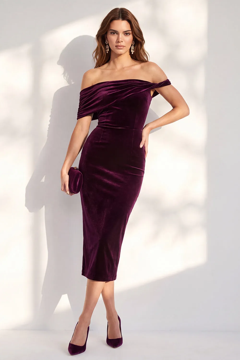 Dark Green Off the Shoulder Bodycon Velvet Dress sold by Wedtrend product image thumbnail 5