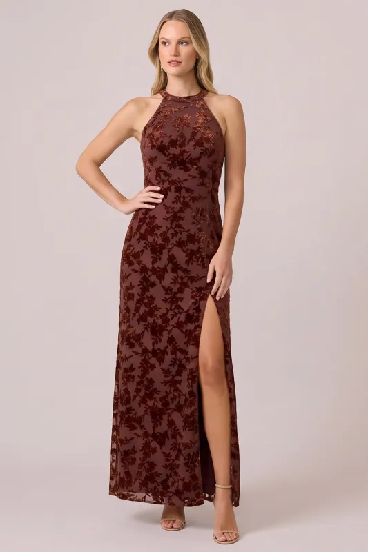 Espresso Halter Sheath Burnout Velvet Dress with Slit made by Wedtrend