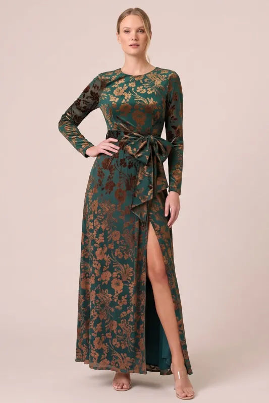 Brown A Line Long Sleeve Burnout Velvet Dress with Slit made by Wedtrend