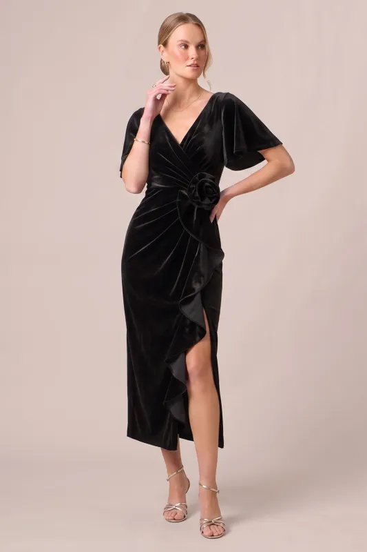Black V-Neck Ruched Ruffled 3D Flower Velvet Dress with Slit made by Wedtrend