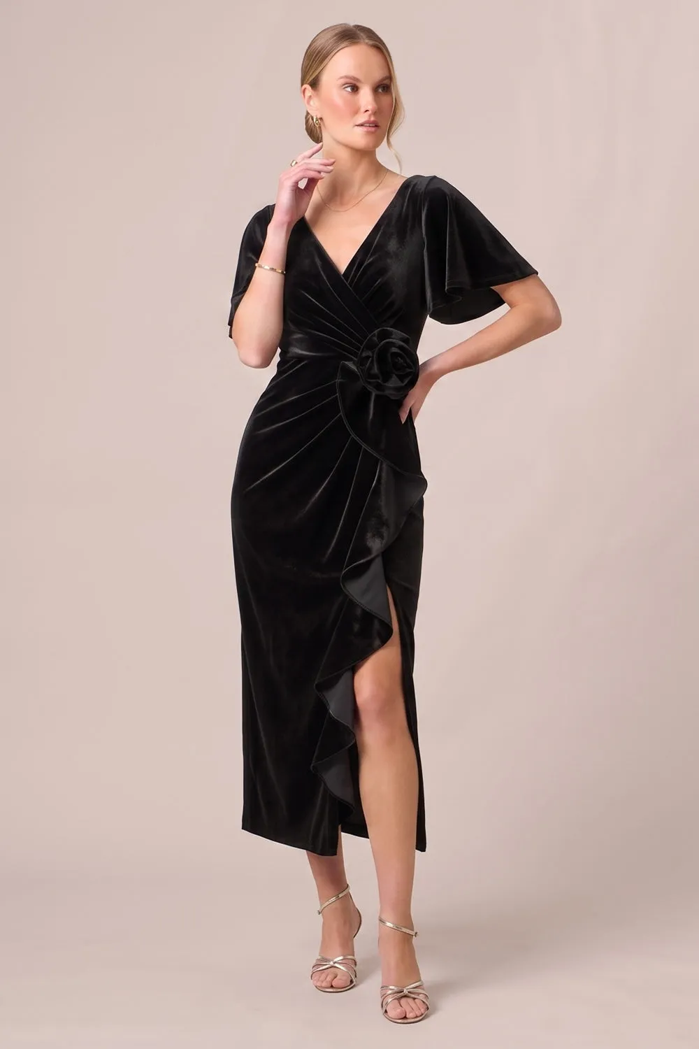 Black V-Neck Ruched Ruffled 3D Flower Velvet Dress with Slit sold by Wedtrend