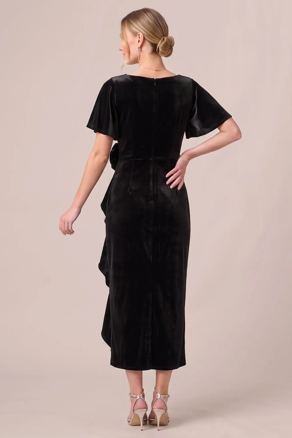 Black V-Neck Ruched Ruffled 3D Flower Velvet Dress with Slit sold by Wedtrend product image thumbnail 2