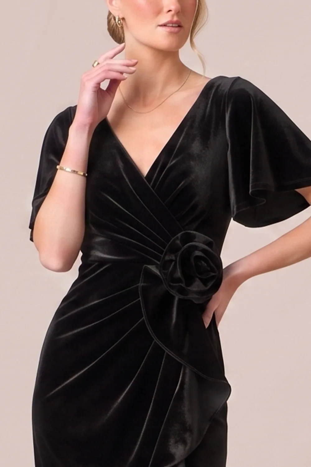 Black V-Neck Ruched Ruffled 3D Flower Velvet Dress with Slit sold by Wedtrend product image thumbnail 3