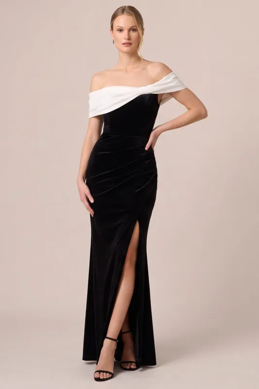 Black and White Off the Shoulder Velvet Formal Dress with Slit made by Wedtrend