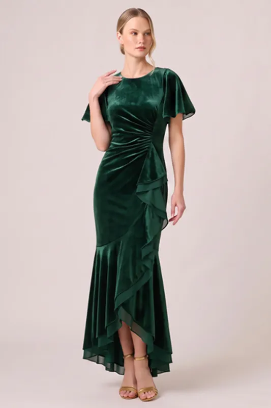 Dark Green Mermaid Ruffled High-Low Vlevet Formal Dress with Sash made by Wedtrend