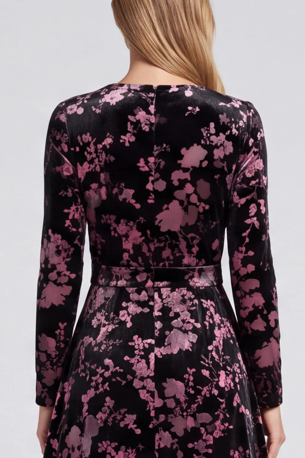 Black Pink Flower Burnout Velvet Long Sleeve A Line Wedding Guest Dress sold by Wedtrend product image thumbnail 4
