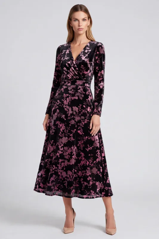 Black Pink Flower Burnout Velvet Long Sleeve A Line Wedding Guest Dress made by Wedtrend