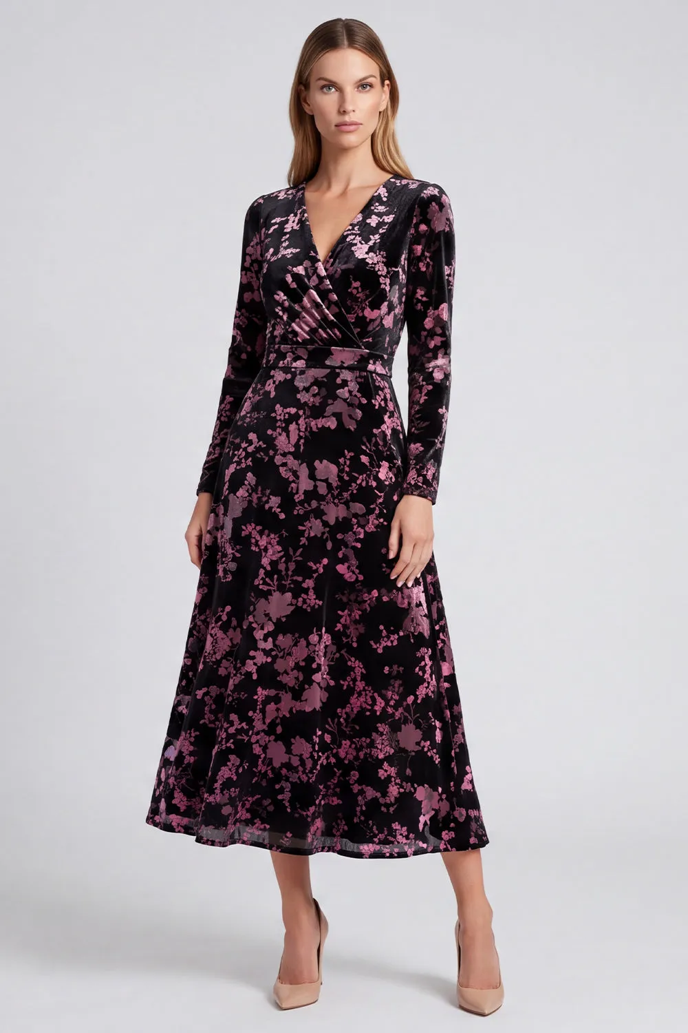 Black Pink Flower Burnout Velvet Long Sleeve A Line Wedding Guest Dress sold by Wedtrend